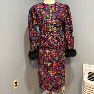 Vintage Louis Féraud Peplum Skirt Suit Fur Cuffs Pink Purple Silk Wool, Size 8